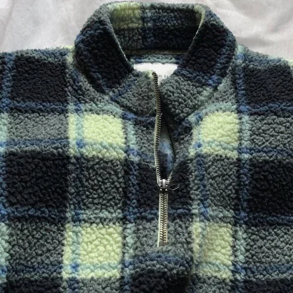 🦋 American Eagle Blue Green Plaid Quarter Zip Teddy Sherpa Pullover Jacket 🦋 - Picture 5 of 6